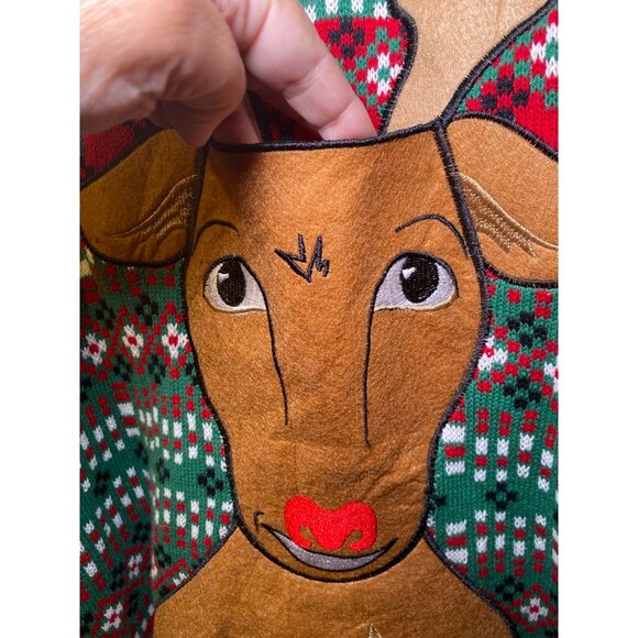 Ugly Christmas Sweater Reindeer Adults Lg Cotton Green/Red Festive Design Pocket - Picture 4 of 7